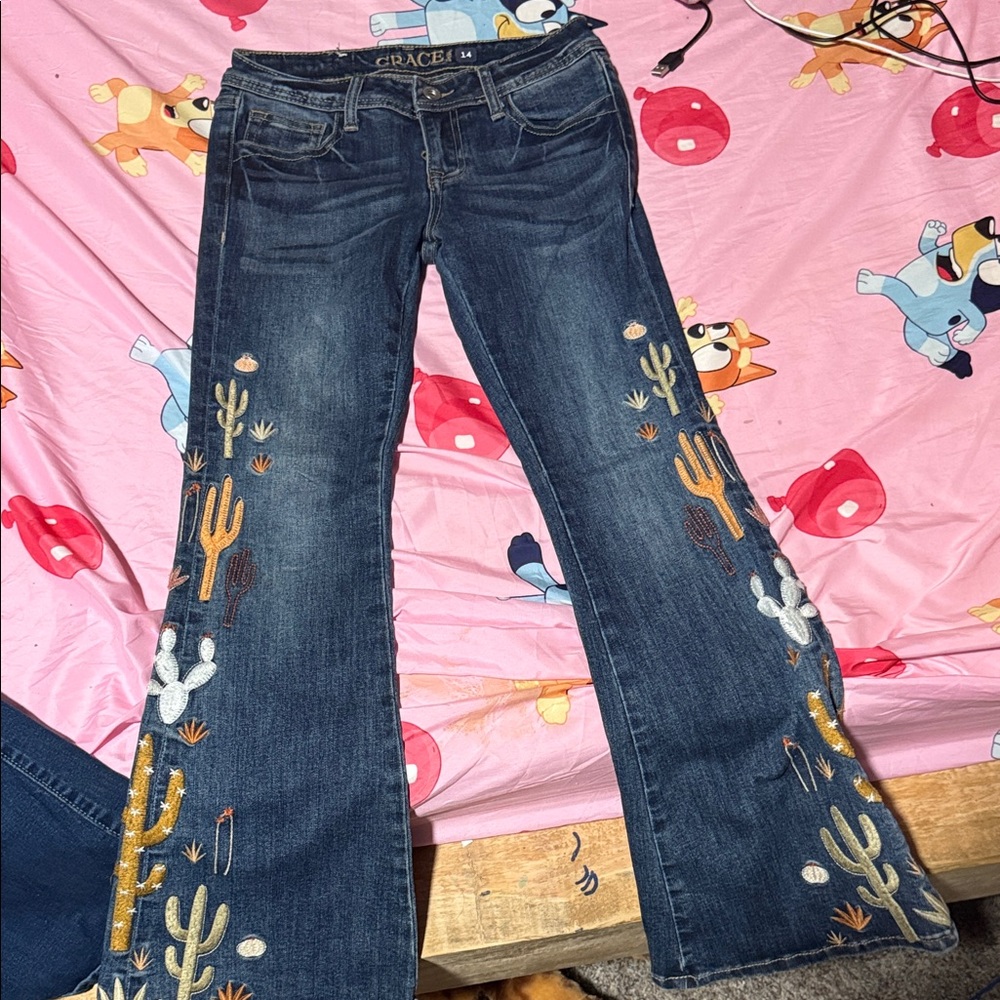 Grace Dark Blue Cactus Embroidered Flare Jeans